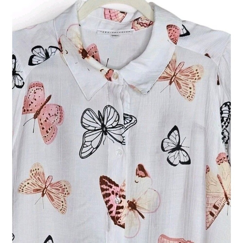 Jane + Delancey Button Down Blouse Womens Plus Size 1X White Pink Butterfly